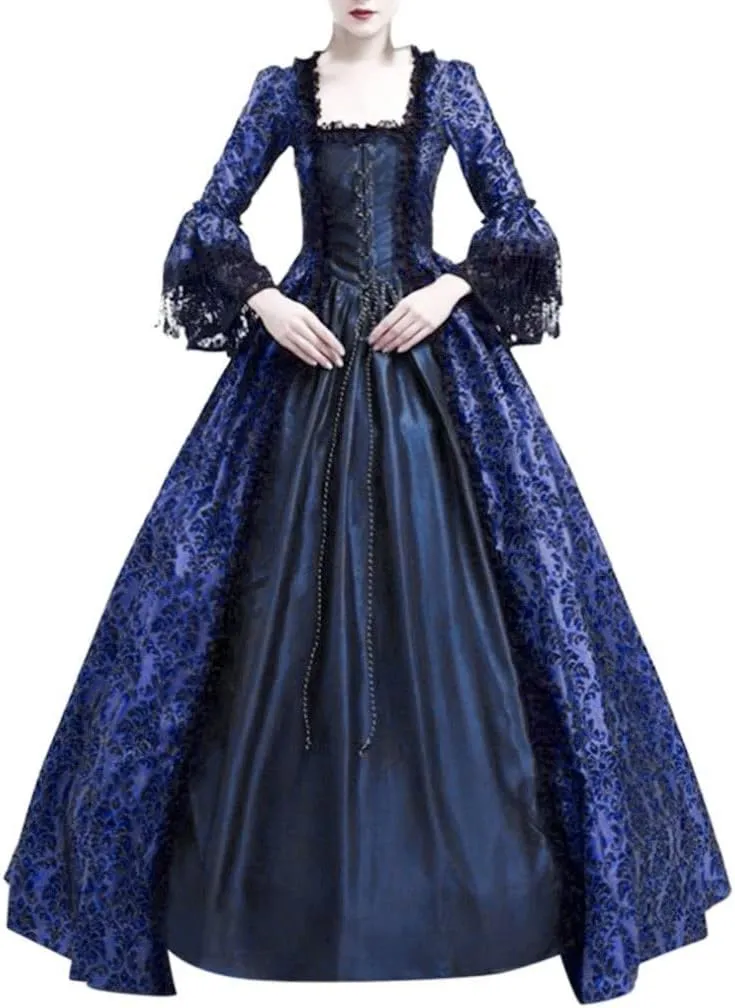 SEAOPEN Victorian Dress for Women Halloween Medieval Renaissance Dress Flare Sleeve Vintage Dress Cocktail Party Ball Gown