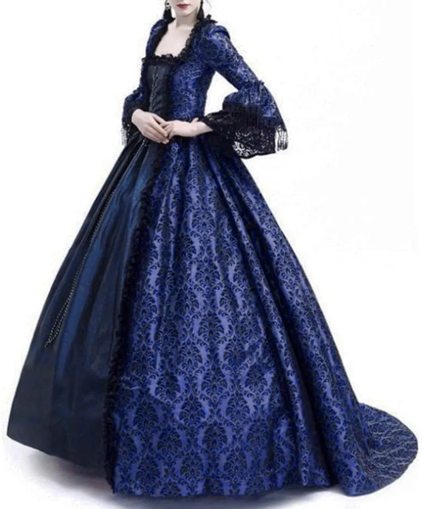SEAOPEN Victorian Dress for Women Halloween Medieval Renaissance Dress Flare Sleeve Vintage Dress Cocktail Party Ball Gown
