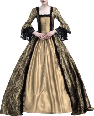 SEAOPEN Victorian Dress for Women Halloween Medieval Renaissance Dress Flare Sleeve Vintage Dress Cocktail Party Ball Gown