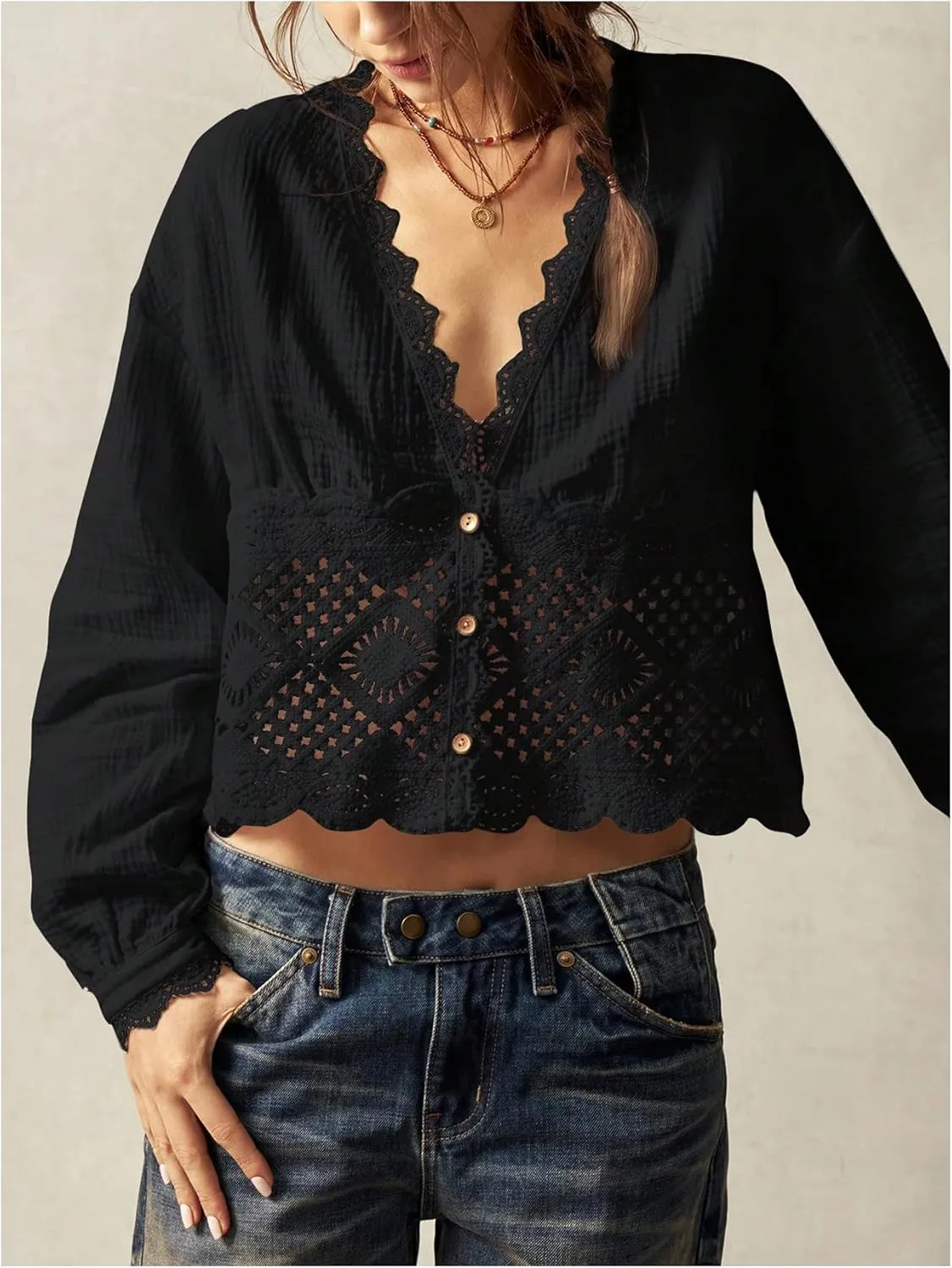 SHENHE Women's Deep V Neck Button Up Crochet Patchwork Long Sleeve Vintage Crop Blouse Top