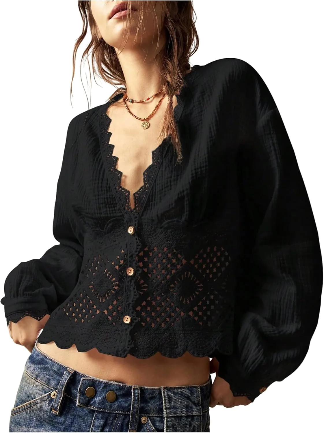 SHENHE Women's Deep V Neck Button Up Crochet Patchwork Long Sleeve Vintage Crop Blouse Top