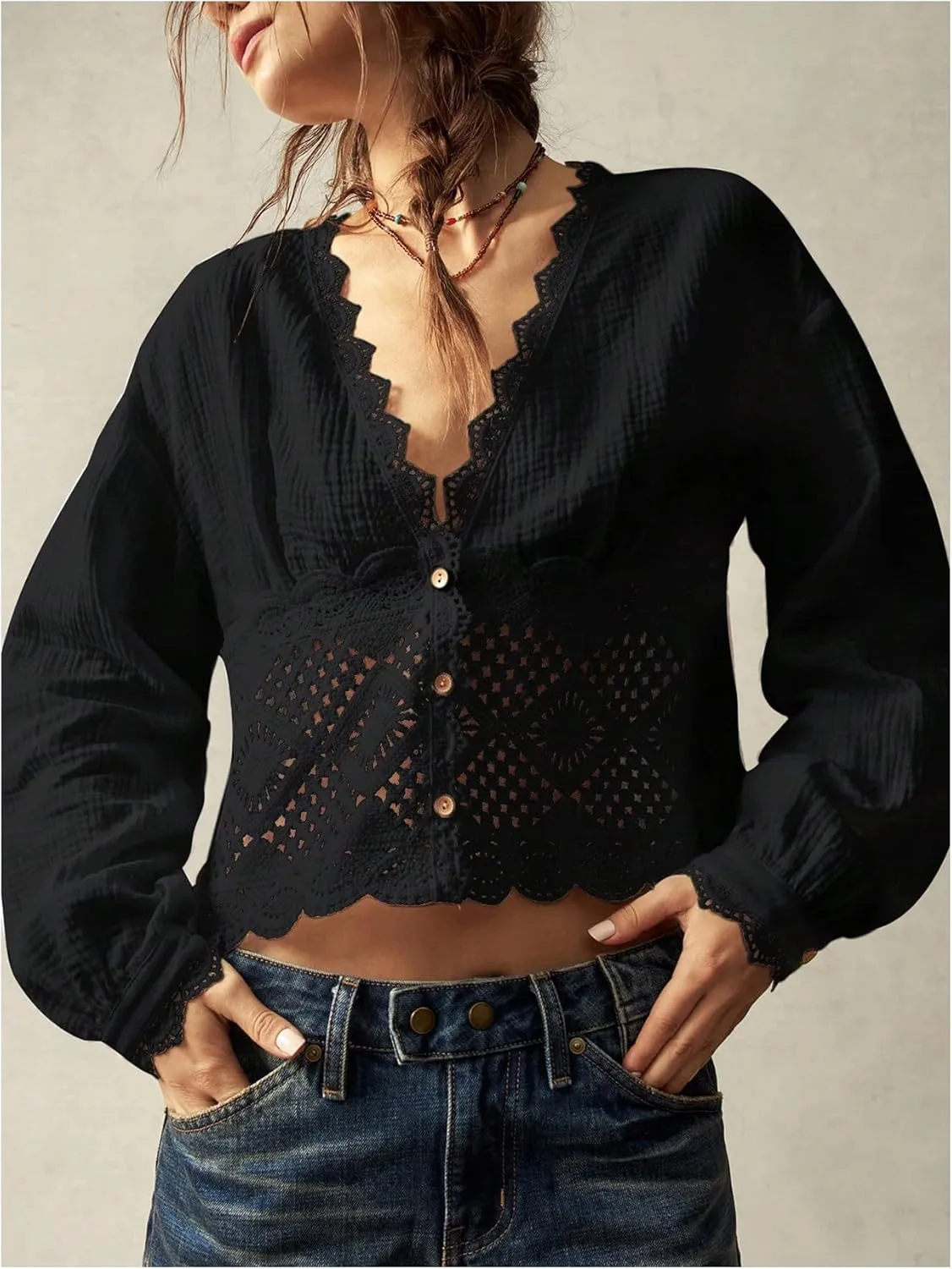 SHENHE Women's Deep V Neck Button Up Crochet Patchwork Long Sleeve Vintage Crop Blouse Top
