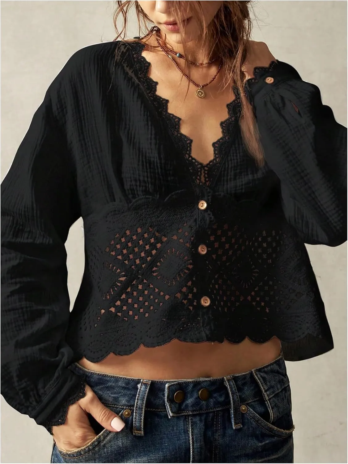 SHENHE Women's Deep V Neck Button Up Crochet Patchwork Long Sleeve Vintage Crop Blouse Top