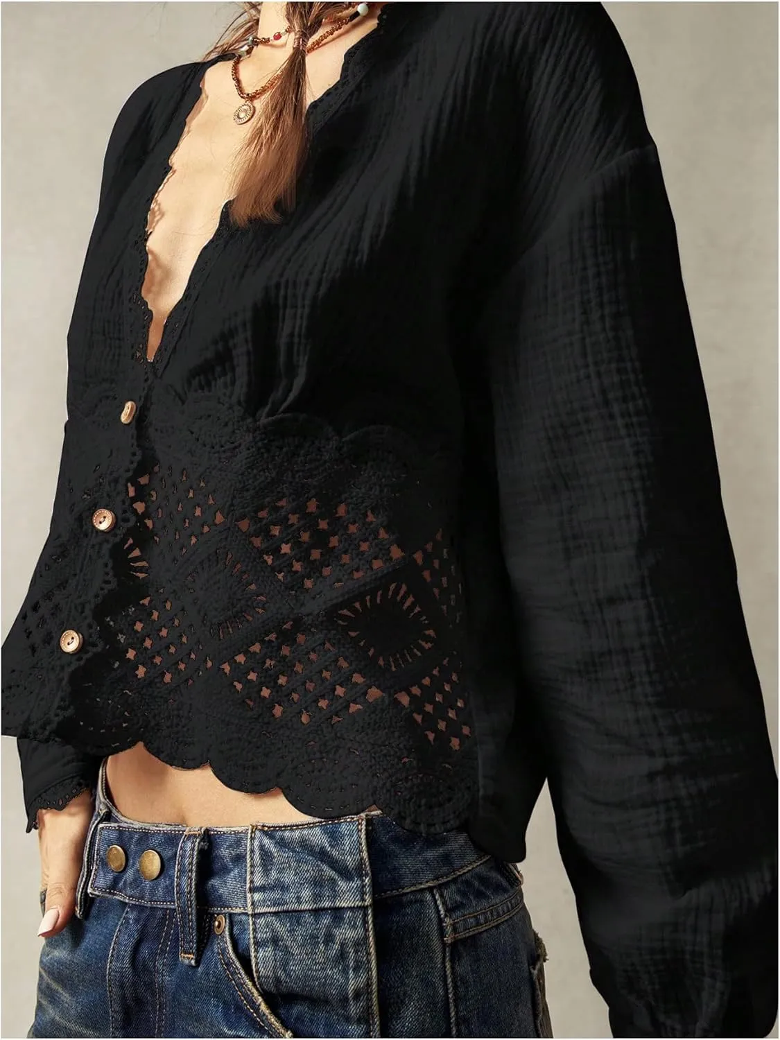 SHENHE Women's Deep V Neck Button Up Crochet Patchwork Long Sleeve Vintage Crop Blouse Top