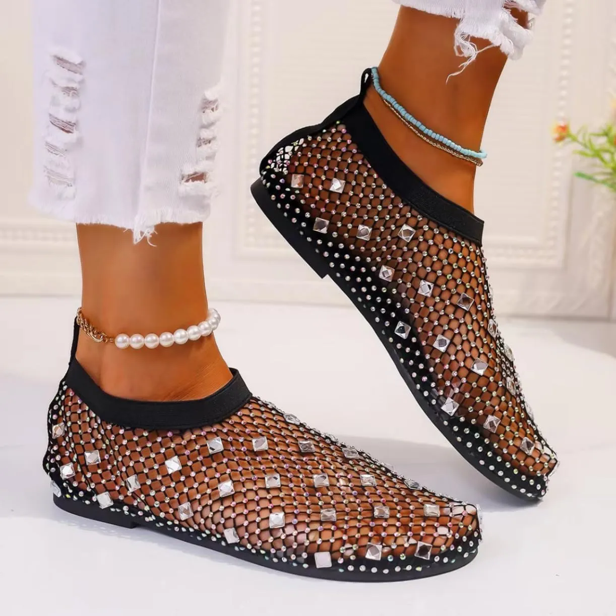 Shiny Gem Mesh Flats for Women, Sandals Dressy Summer Slip On Shoes, Sexy Cutout Sparkly Casual Wedding Dress Flats