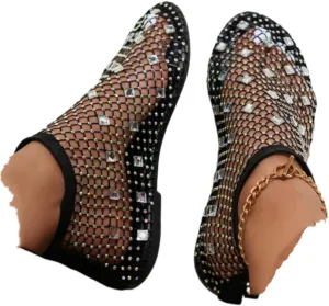 Shiny Gem Mesh Flats for Women, Sandals Dressy Summer Slip On Shoes, Sexy Cutout Sparkly Casual Wedding Dress Flats