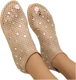 Shiny Gem Mesh Flats for Women, Sandals Dressy Summer Slip On Shoes, Sexy Cutout Sparkly Casual Wedding Dress Flats
