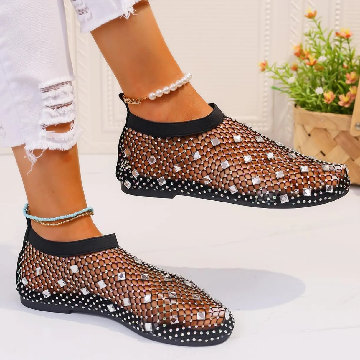 Shiny Gem Mesh Flats for Women, Sandals Dressy Summer Slip On Shoes, Sexy Cutout Sparkly Casual Wedding Dress Flats