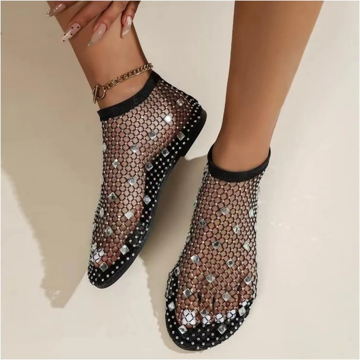 Shiny Gem Mesh Flats for Women, Sandals Dressy Summer Slip On Shoes, Sexy Cutout Sparkly Casual Wedding Dress Flats