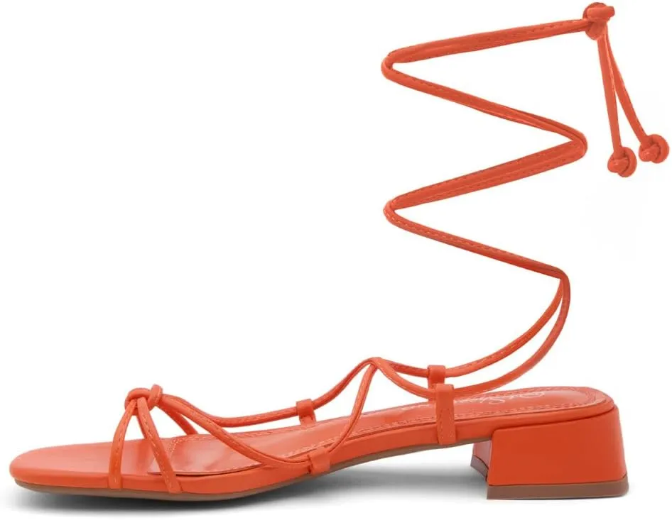 Shoe Land SL-Danica Women's Lace-Up Chunky Low Heels, Strappy Ankle Wrap Heeled Sandals, Square Open Toe Tie-Up Dress Sandals for Holiday, Party, and Wedding
