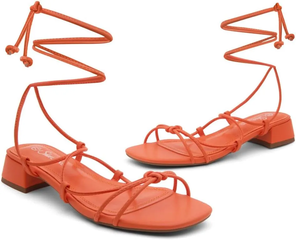 Shoe Land SL-Danica Women's Lace-Up Chunky Low Heels, Strappy Ankle Wrap Heeled Sandals, Square Open Toe Tie-Up Dress Sandals for Holiday, Party, and Wedding