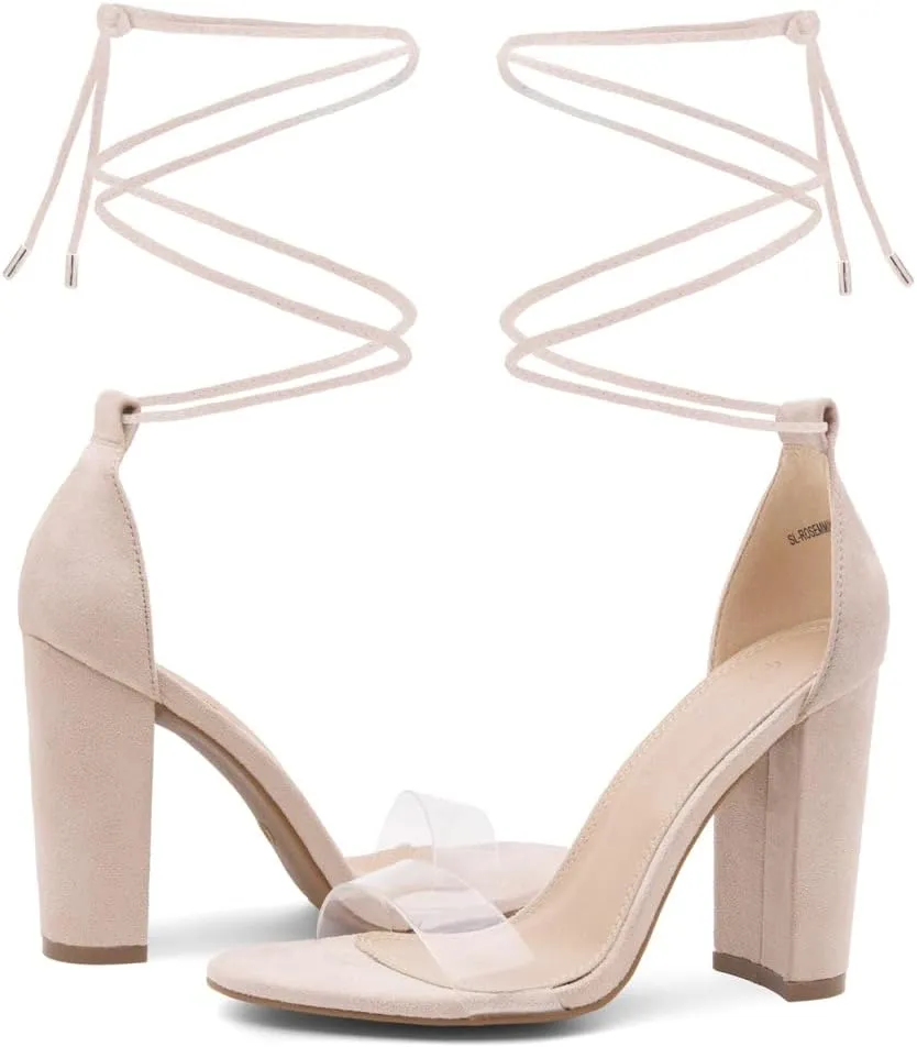 Shoe Land SL-ROSEMMINA Womens Strappy Heels Lace Up Heeled Sandals Open Toe Block Heeled Rhinestone Dress Pumps Shoes for Wedding Pomp Party