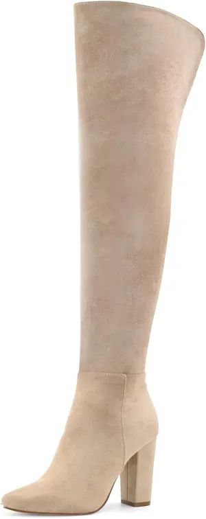 Shoe'N Tale Thigh High Over The Knee Boots for Women Block Chunky Heel Suede Long Pointed Toe Boots