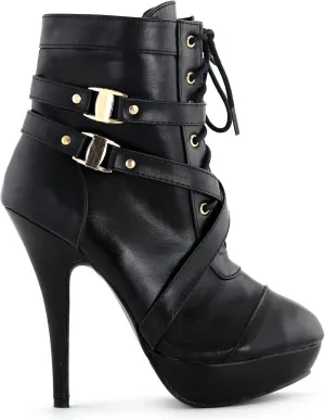 SHOW STORY Punk Buckle Strap High Heel Stiletto Platform Ankle Bootie,LF30470