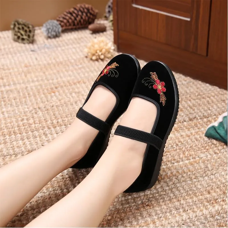 Slip-On Mary Jane Loafers - Chinese Old Beijing Flat Shoes for Yoga, Ballet, Dance - Cute Embroidered No Clasp Design for Women