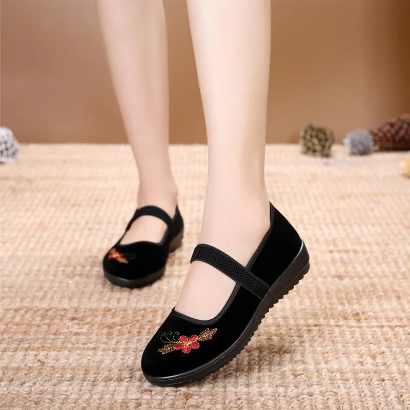Slip-On Mary Jane Loafers - Chinese Old Beijing Flat Shoes for Yoga, Ballet, Dance - Cute Embroidered No Clasp Design for Women