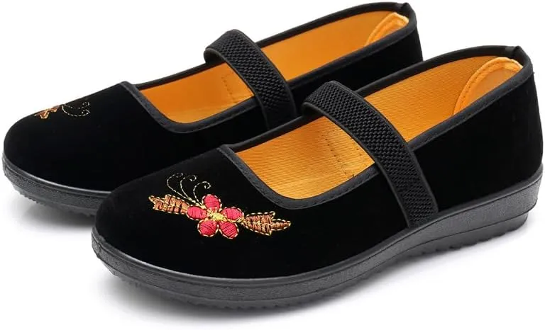 Slip-On Mary Jane Loafers - Chinese Old Beijing Flat Shoes for Yoga, Ballet, Dance - Cute Embroidered No Clasp Design for Women