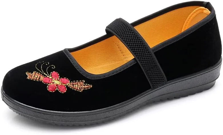 Slip-On Mary Jane Loafers - Chinese Old Beijing Flat Shoes for Yoga, Ballet, Dance - Cute Embroidered No Clasp Design for Women