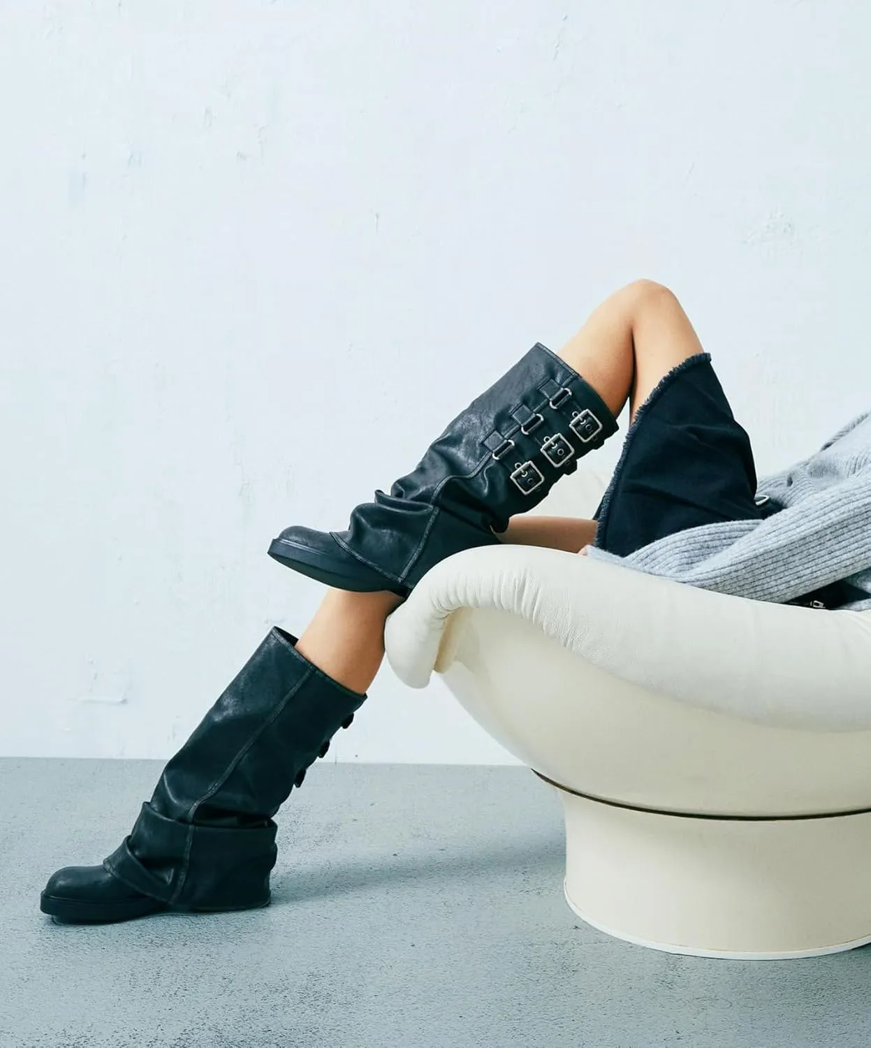 Slouchy Fold Over Motorcycle Riding Boots With Buckle Women's Wide Mid Calf Casual Comfortable Moto Biker Boots