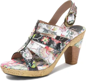 Socofy Women Leather Heeled Sandals Block Heels Roman Sandals Colorful Vintage Bohemian Sandal Chunky Heeled Sandals for Womens Bohemian Cutout Open Toe Summer Block Heeled Party Sandals