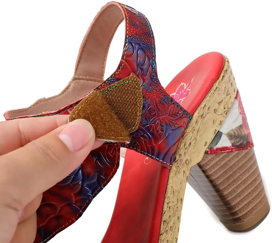 Socofy Women Sandals with Heel Summer Open Toe Chunky Heel Ankle Strap Shoes Block High Heel Dress Sandals Lace-up Sandals Handmade Retro High-Heeled Sandals for Wedding Party