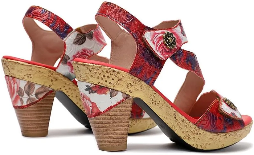 Socofy Women Sandals with Heel Summer Open Toe Chunky Heel Ankle Strap Shoes Block High Heel Dress Sandals Lace-up Sandals Handmade Retro High-Heeled Sandals for Wedding Party