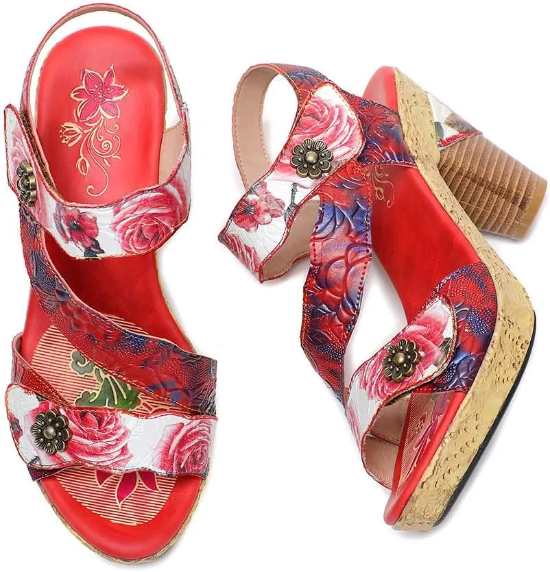 Socofy Women Sandals with Heel Summer Open Toe Chunky Heel Ankle Strap Shoes Block High Heel Dress Sandals Lace-up Sandals Handmade Retro High-Heeled Sandals for Wedding Party