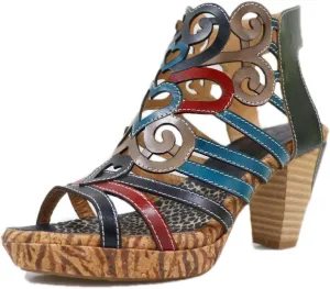 Socofy Women Sandals with Heel Summer Open Toe Chunky Heel Ankle Strap Shoes Block High Heel Dress Sandals Lace-up Sandals Handmade Retro High-Heeled Sandals for Wedding Party