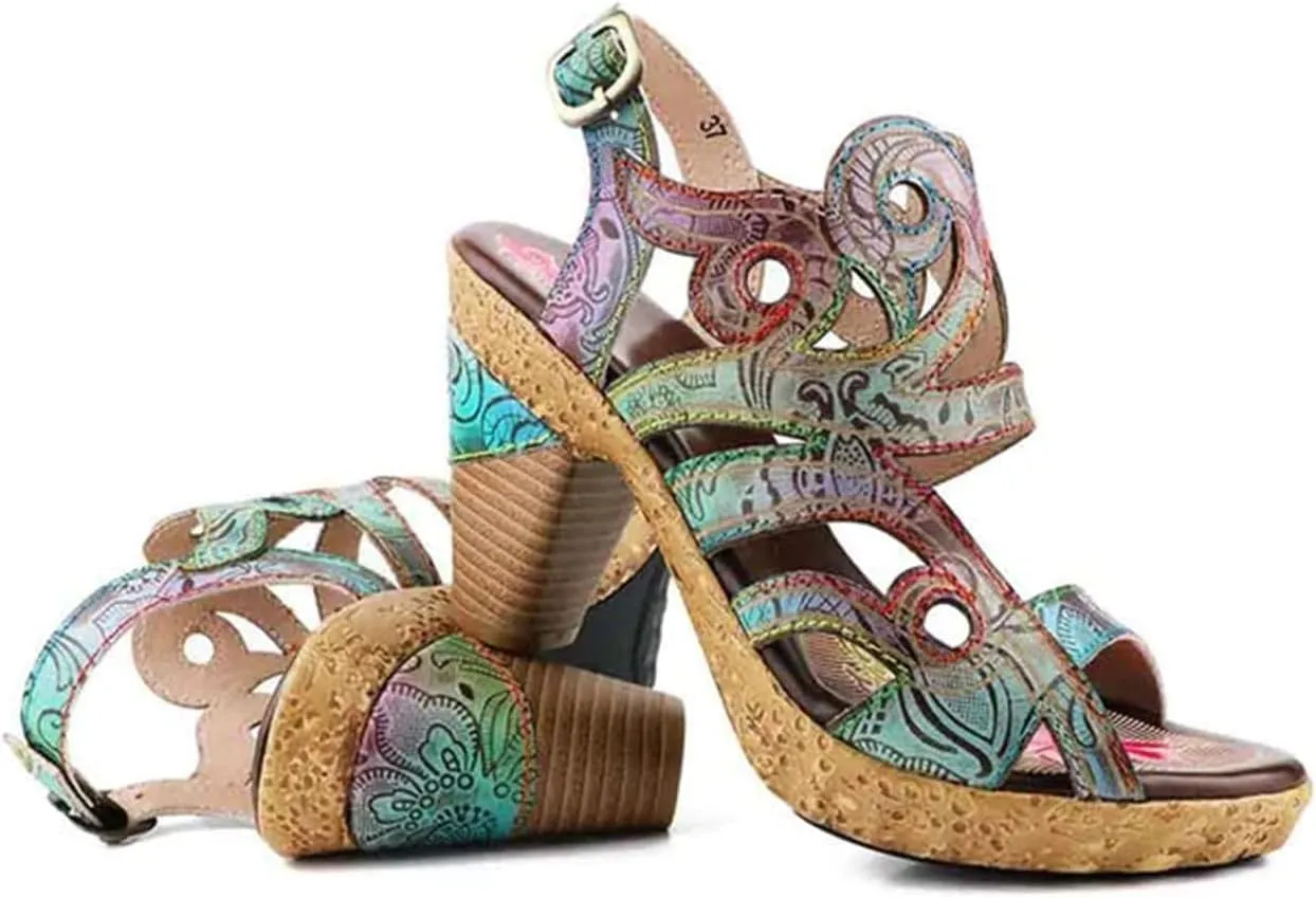 Socofy Women Sandals with Heel Summer Open Toe Chunky Heel Ankle Strap Shoes Block High Heel Dress Sandals Lace-up Sandals Handmade Retro High-Heeled Sandals for Wedding Party