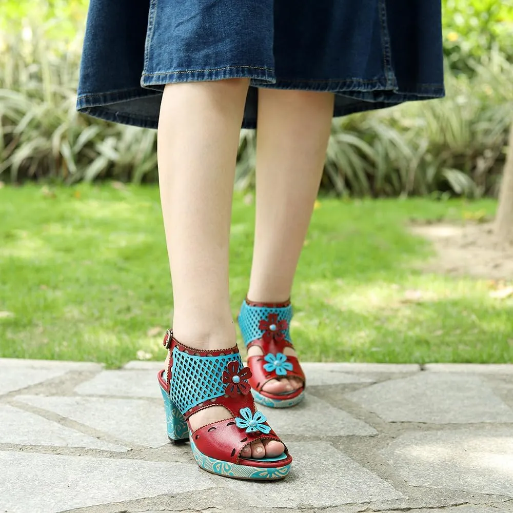 Socofy Women Sandals with Heel Summer Open Toe Chunky Heel Ankle Strap Shoes Block High Heel Dress Sandals Lace-up Sandals Handmade Retro High-Heeled Sandals for Wedding Party
