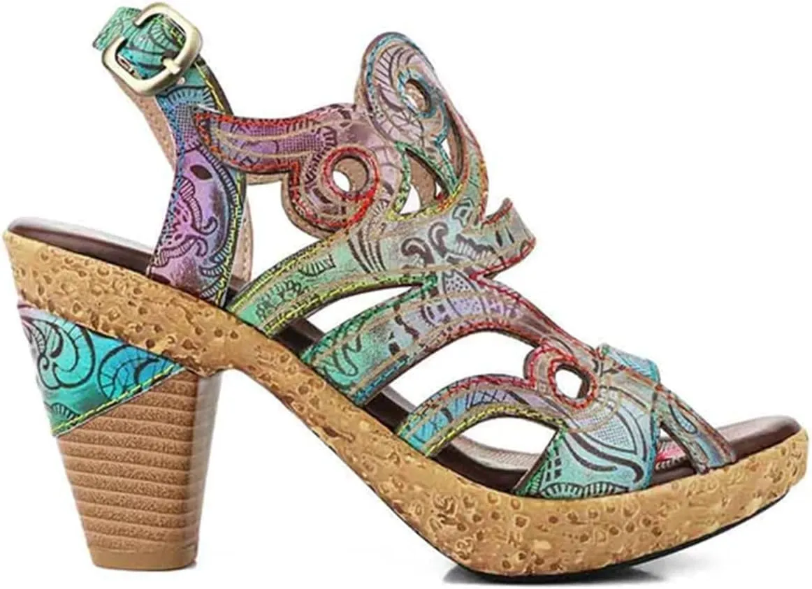 Socofy Women Sandals with Heel Summer Open Toe Chunky Heel Ankle Strap Shoes Block High Heel Dress Sandals Lace-up Sandals Handmade Retro High-Heeled Sandals for Wedding Party