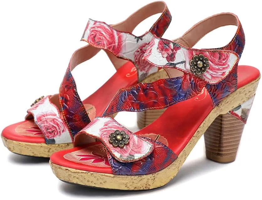 Socofy Women Sandals with Heel Summer Open Toe Chunky Heel Ankle Strap Shoes Block High Heel Dress Sandals Lace-up Sandals Handmade Retro High-Heeled Sandals for Wedding Party