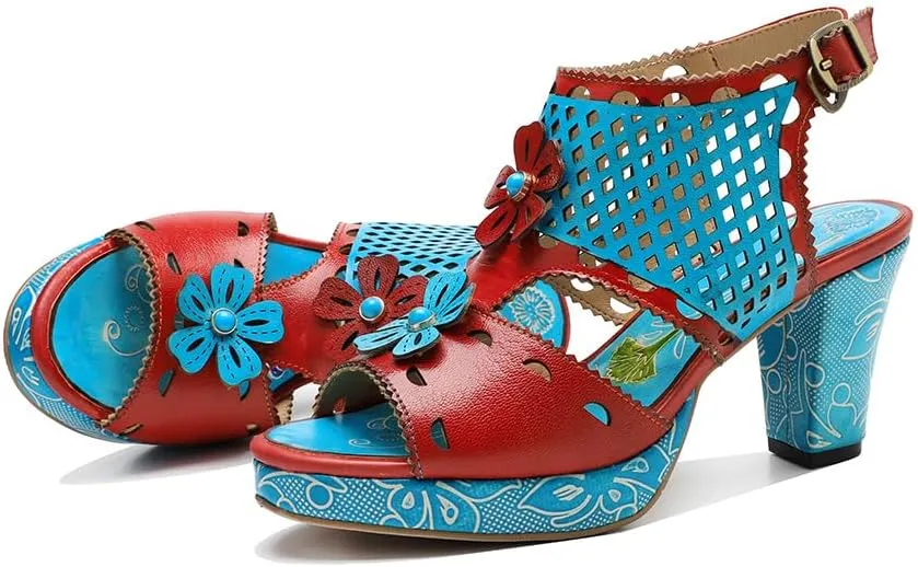 Socofy Women Sandals with Heel Summer Open Toe Chunky Heel Ankle Strap Shoes Block High Heel Dress Sandals Lace-up Sandals Handmade Retro High-Heeled Sandals for Wedding Party