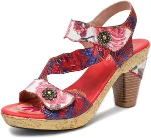 Socofy Women Sandals with Heel Summer Open Toe Chunky Heel Ankle Strap Shoes Block High Heel Dress Sandals Lace-up Sandals Handmade Retro High-Heeled Sandals for Wedding Party