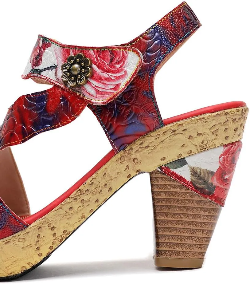 Socofy Women Sandals with Heel Summer Open Toe Chunky Heel Ankle Strap Shoes Block High Heel Dress Sandals Lace-up Sandals Handmade Retro High-Heeled Sandals for Wedding Party