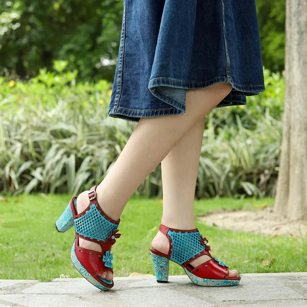 Socofy Women Sandals with Heel Summer Open Toe Chunky Heel Ankle Strap Shoes Block High Heel Dress Sandals Lace-up Sandals Handmade Retro High-Heeled Sandals for Wedding Party