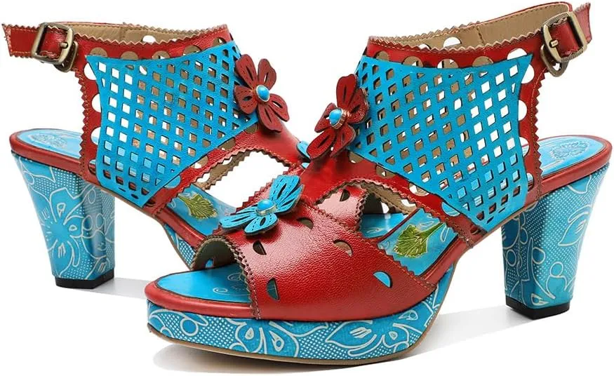 Socofy Women Sandals with Heel Summer Open Toe Chunky Heel Ankle Strap Shoes Block High Heel Dress Sandals Lace-up Sandals Handmade Retro High-Heeled Sandals for Wedding Party