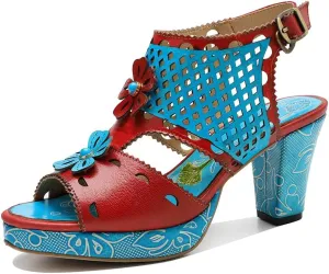 Socofy Women Sandals with Heel Summer Open Toe Chunky Heel Ankle Strap Shoes Block High Heel Dress Sandals Lace-up Sandals Handmade Retro High-Heeled Sandals for Wedding Party