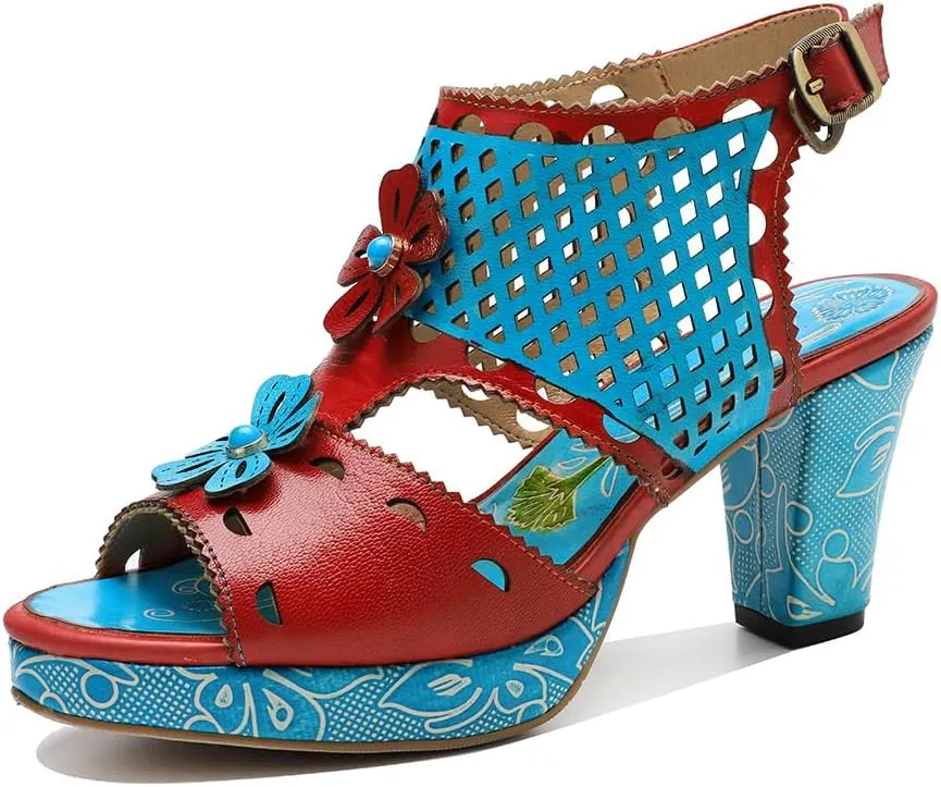 Socofy Women Sandals with Heel Summer Open Toe Chunky Heel Ankle Strap Shoes Block High Heel Dress Sandals Lace-up Sandals Handmade Retro High-Heeled Sandals for Wedding Party