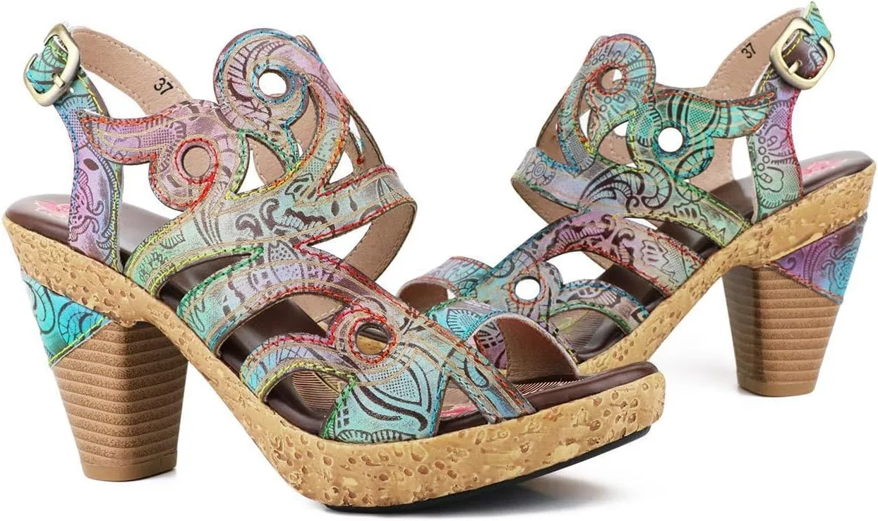 Socofy Women Sandals with Heel Summer Open Toe Chunky Heel Ankle Strap Shoes Block High Heel Dress Sandals Lace-up Sandals Handmade Retro High-Heeled Sandals for Wedding Party