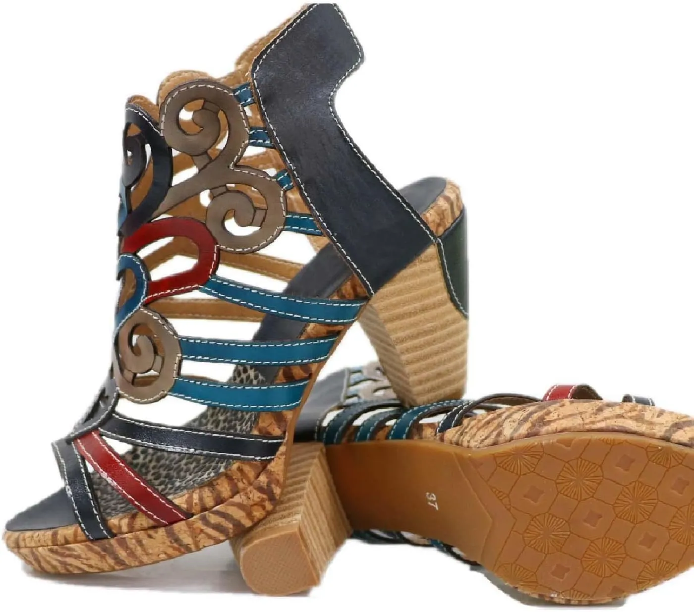 Socofy Women Sandals with Heel Summer Open Toe Chunky Heel Ankle Strap Shoes Block High Heel Dress Sandals Lace-up Sandals Handmade Retro High-Heeled Sandals for Wedding Party