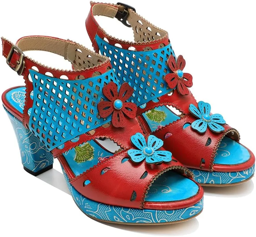 Socofy Women Sandals with Heel Summer Open Toe Chunky Heel Ankle Strap Shoes Block High Heel Dress Sandals Lace-up Sandals Handmade Retro High-Heeled Sandals for Wedding Party
