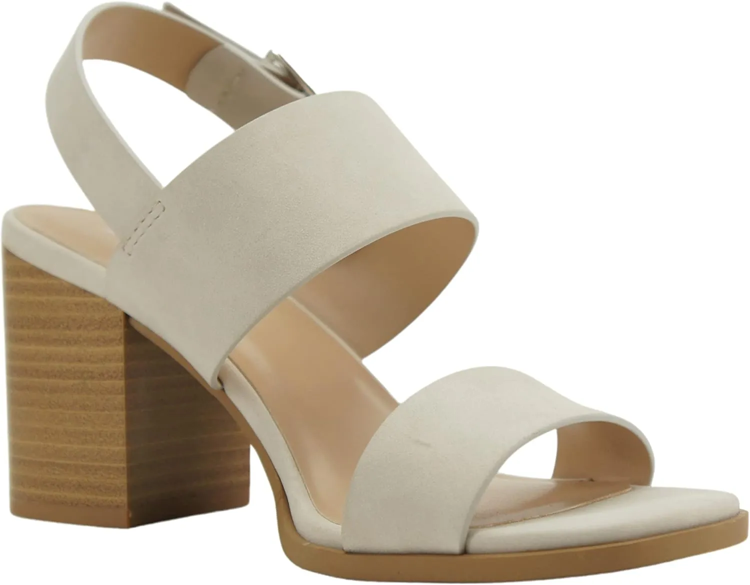 Soda SPACE Women Chunky Mid Height Block Heel Two Straps Open Toe Ankle Strap Buckle Fashion Sandals