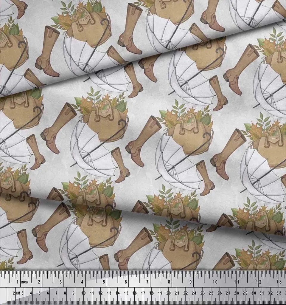 Soimoi Polyester Georgette Fabric Umbrella,Boots & Handbag Fashion Print Fabric by Yard 42 Inch Wide