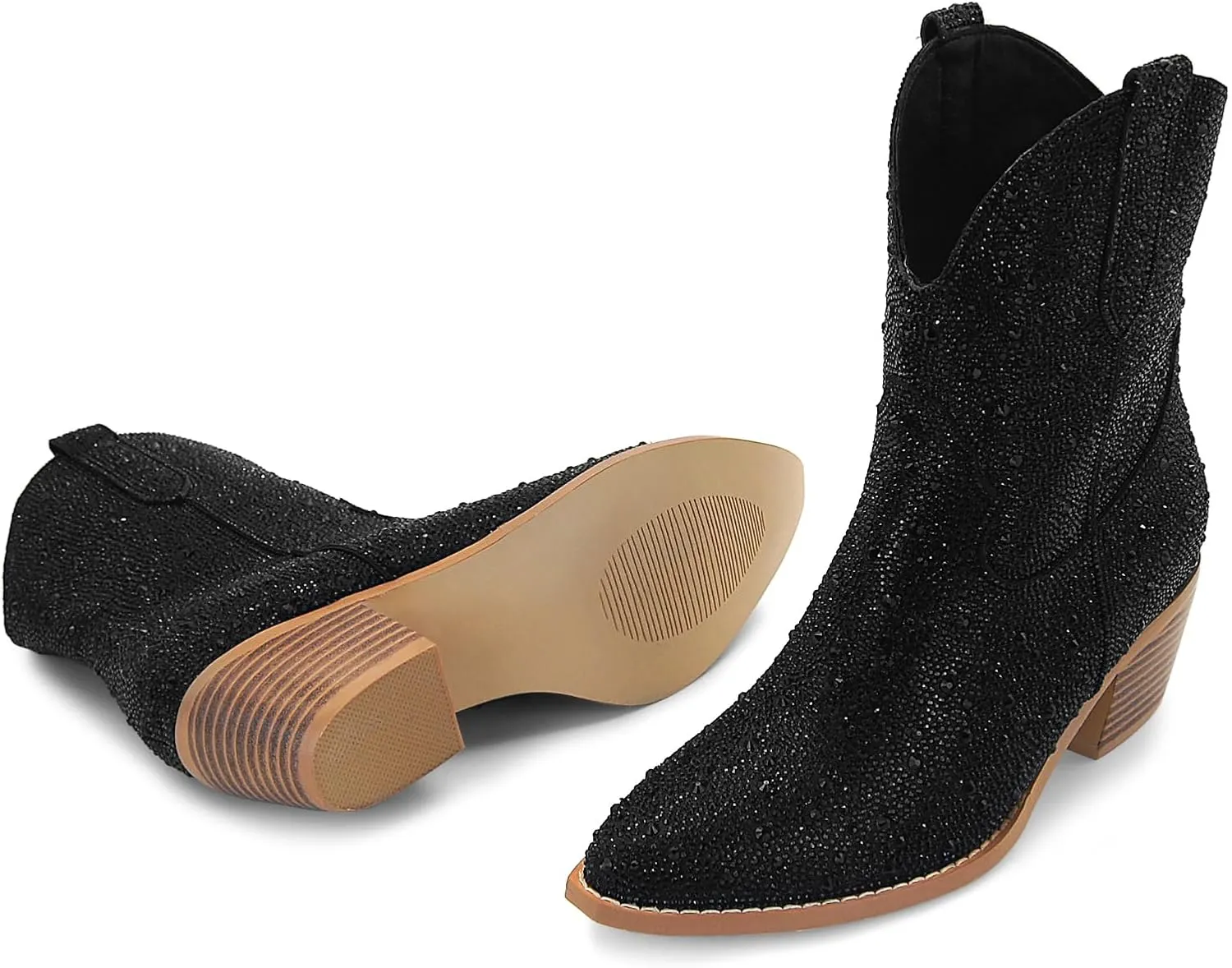 SOVANYOU Women's Rhinestone Cowboy Boots Pointed Almond Toe Block Heel Sparkly Cowgirl Boots
