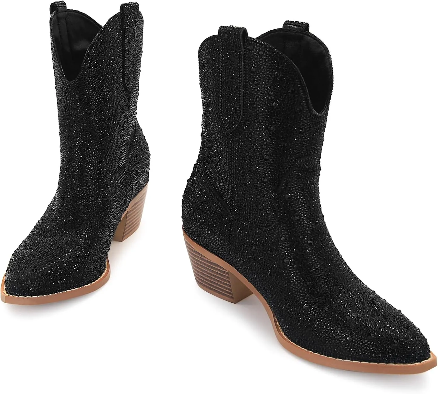 SOVANYOU Women's Rhinestone Cowboy Boots Pointed Almond Toe Block Heel Sparkly Cowgirl Boots