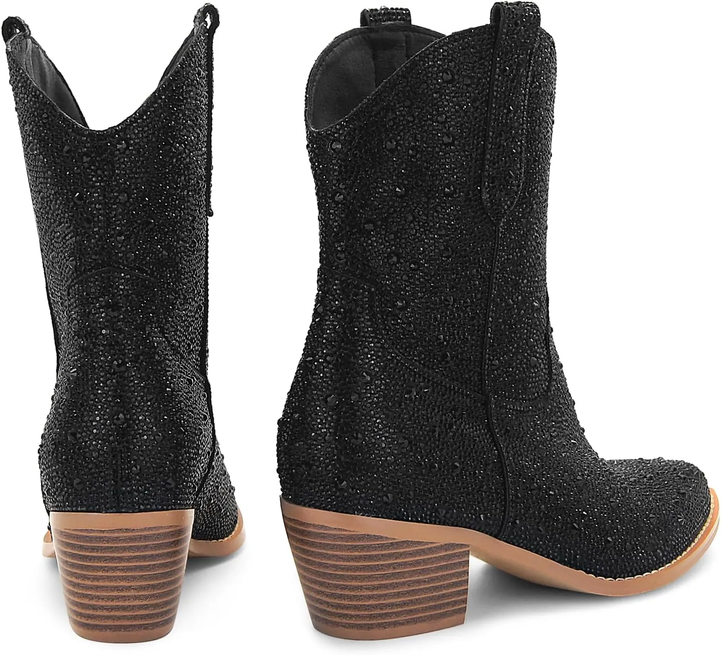 SOVANYOU Women's Rhinestone Cowboy Boots Pointed Almond Toe Block Heel Sparkly Cowgirl Boots
