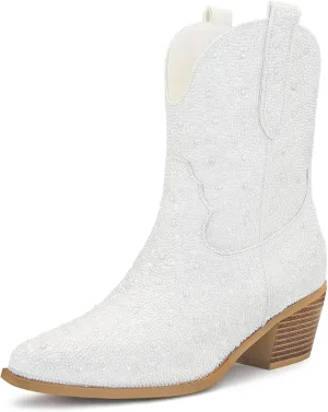 SOVANYOU Women's Rhinestone Cowboy Boots Pointed Almond Toe Block Heel Sparkly Cowgirl Boots