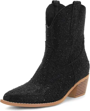 SOVANYOU Women's Rhinestone Cowboy Boots Pointed Almond Toe Block Heel Sparkly Cowgirl Boots
