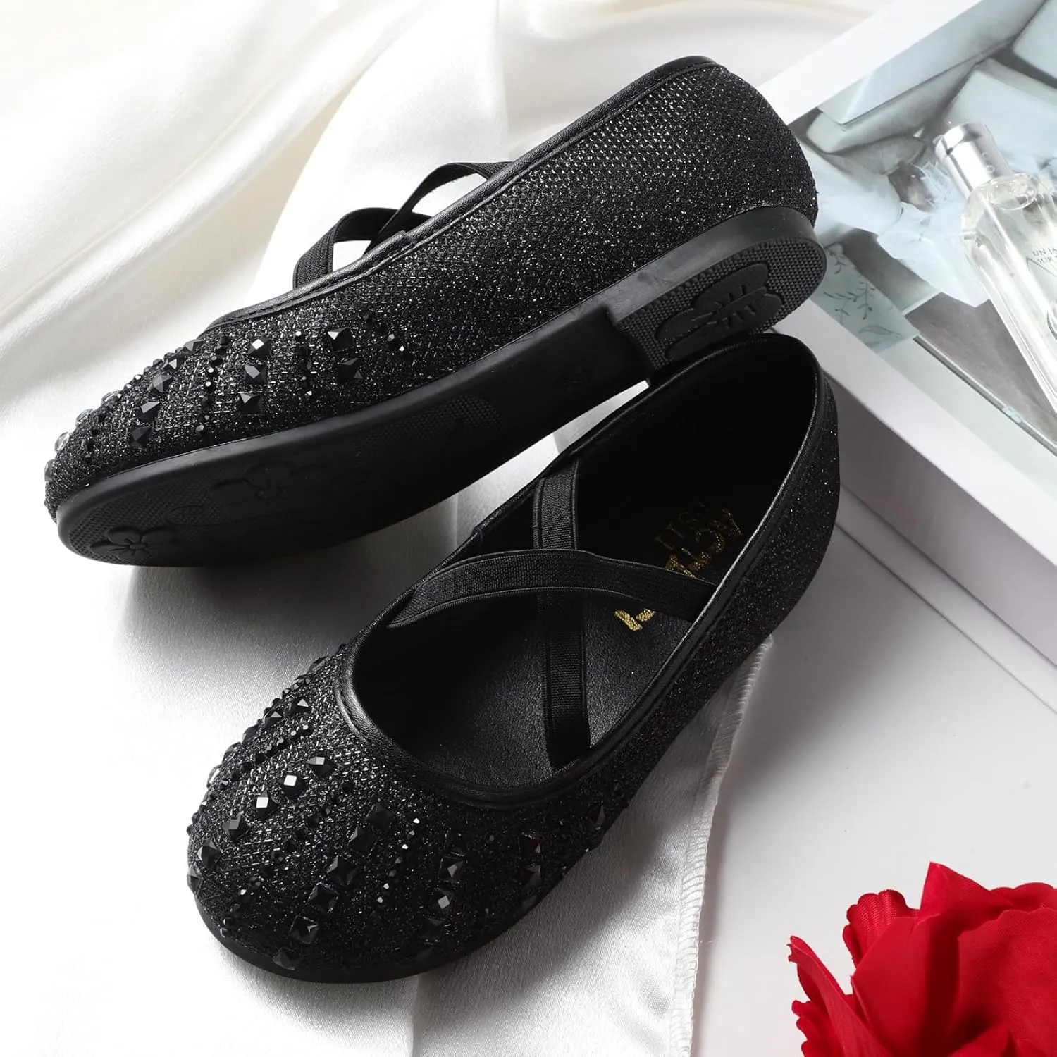 Sparkly Mary Jane Flats for Girls - Non-Slip Ballet Shoes with Rhinestones | Toddler Dress Shoes for Weddings, Parties, School (Breathable & Comfortable)